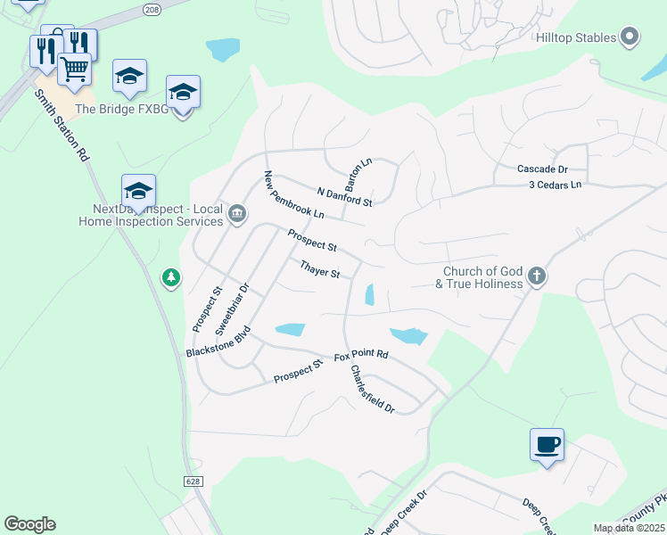 map of restaurants, bars, coffee shops, grocery stores, and more near 6105 Thayer Street in Fredericksburg