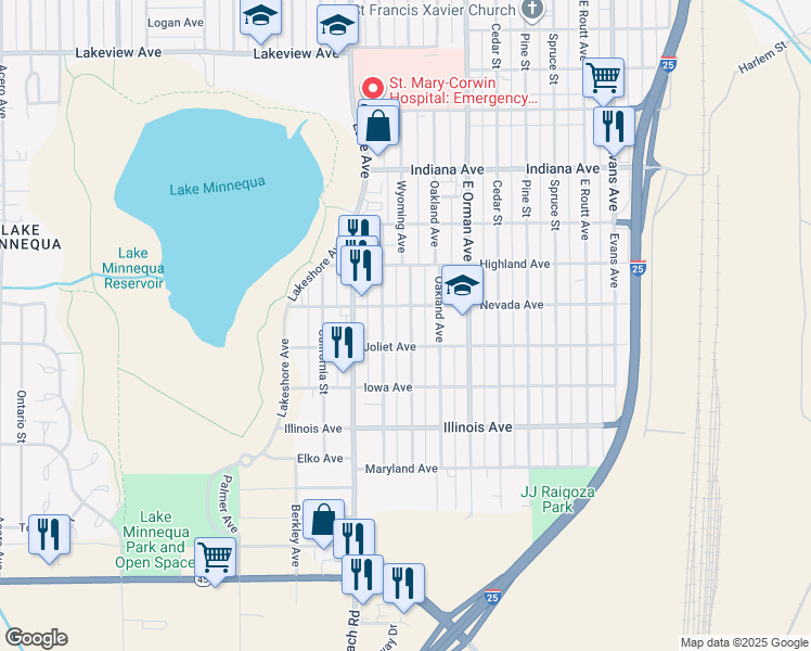 map of restaurants, bars, coffee shops, grocery stores, and more near 2411 Wyoming Avenue in Pueblo