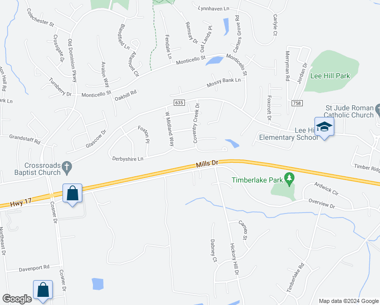 map of restaurants, bars, coffee shops, grocery stores, and more near 9712 West Midland Way in Fredericksburg