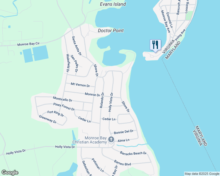 map of restaurants, bars, coffee shops, grocery stores, and more near 1355 Holly Vista Drive in Colonial Beach