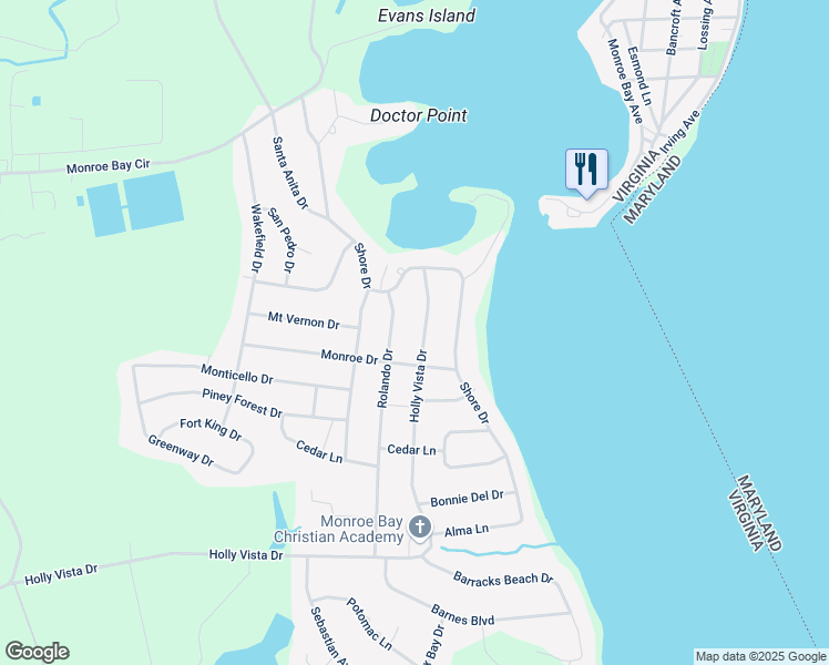 map of restaurants, bars, coffee shops, grocery stores, and more near 1355 Holly Vista Drive in Colonial Beach