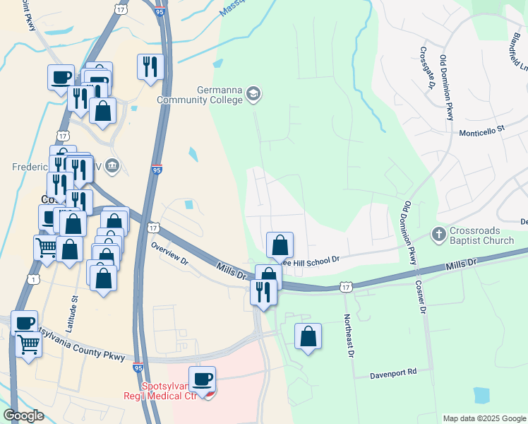 map of restaurants, bars, coffee shops, grocery stores, and more near 4605 Colonnade Way in Fredericksburg