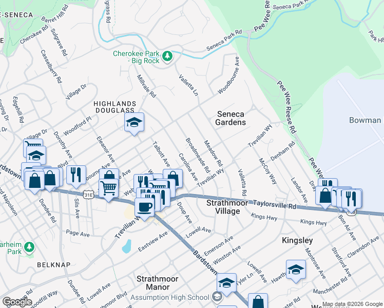 map of restaurants, bars, coffee shops, grocery stores, and more near 2508 Broadmeade Road in Louisville