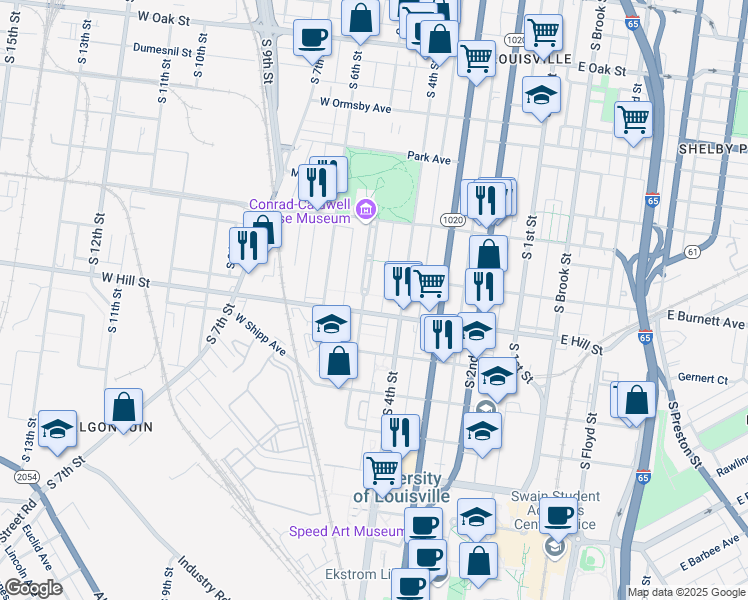 map of restaurants, bars, coffee shops, grocery stores, and more near 422 Belgravia Court in Louisville