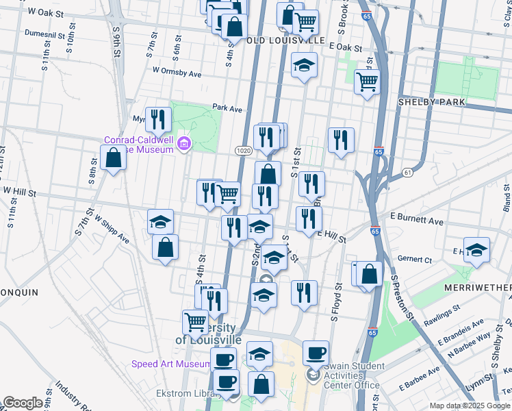 map of restaurants, bars, coffee shops, grocery stores, and more near 217 West Hill Street in Louisville