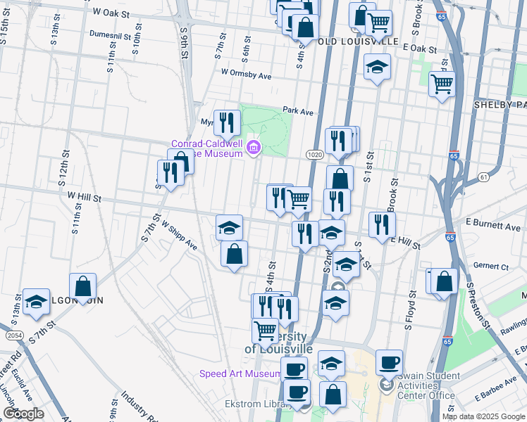 map of restaurants, bars, coffee shops, grocery stores, and more near 410 West Hill Street in Louisville