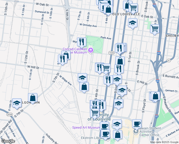 map of restaurants, bars, coffee shops, grocery stores, and more near 510 West Hill Street in Louisville