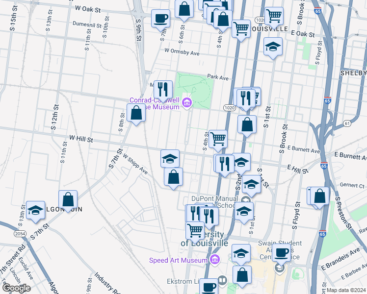 map of restaurants, bars, coffee shops, grocery stores, and more near 510 West Hill Street in Louisville