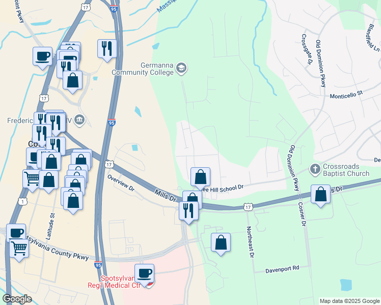 map of restaurants, bars, coffee shops, grocery stores, and more near 4605 Colonnade Way in Fredericksburg