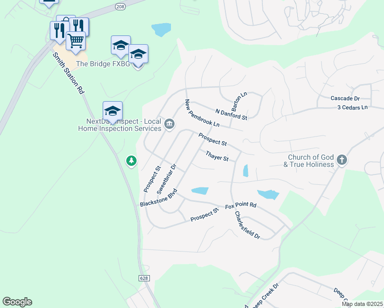 map of restaurants, bars, coffee shops, grocery stores, and more near 6111 Blackstone Boulevard in Fredericksburg