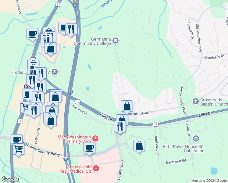 map of restaurants, bars, coffee shops, grocery stores, and more near 4711 Colonnade Way in Fredericksburg