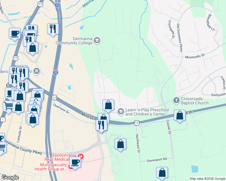 map of restaurants, bars, coffee shops, grocery stores, and more near 4515 Papillion Court in Fredericksburg
