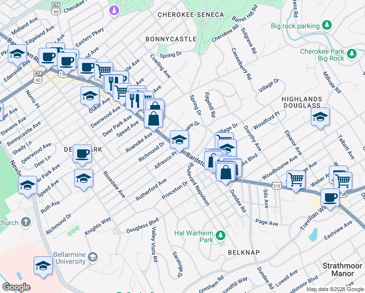 map of restaurants, bars, coffee shops, grocery stores, and more near 100 Saint Francis Court in Louisville