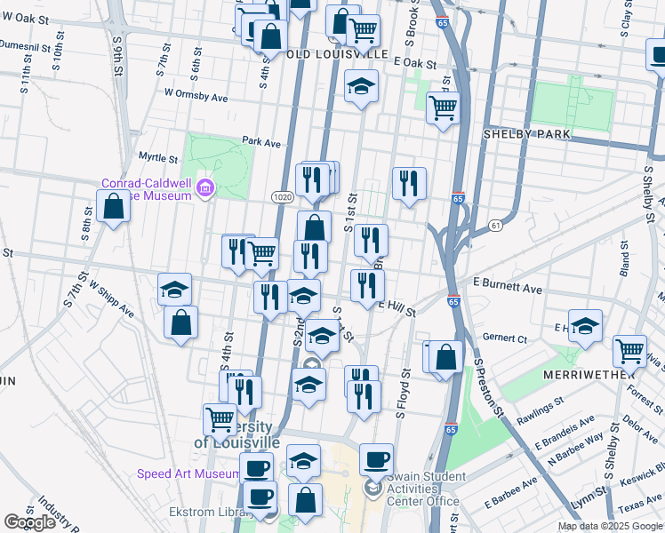 map of restaurants, bars, coffee shops, grocery stores, and more near 1471 South 2nd Street in Louisville