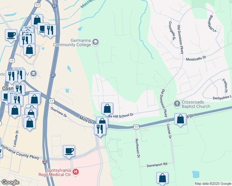 map of restaurants, bars, coffee shops, grocery stores, and more near 4501 Papillion Court in Fredericksburg