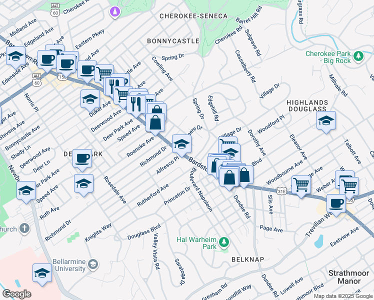 map of restaurants, bars, coffee shops, grocery stores, and more near 1938 Alfresco Place in Louisville