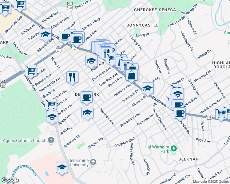 map of restaurants, bars, coffee shops, grocery stores, and more near 1916 Roanoke Avenue in Louisville