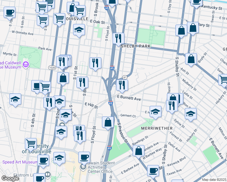 map of restaurants, bars, coffee shops, grocery stores, and more near 1455 South Preston Street in Louisville