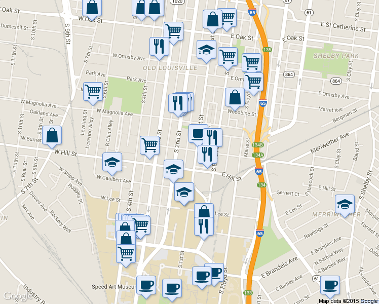 map of restaurants, bars, coffee shops, grocery stores, and more near 1471 South 2nd Street in Louisville