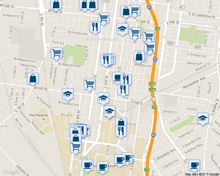 map of restaurants, bars, coffee shops, grocery stores, and more near 1471 South 2nd Street in Louisville