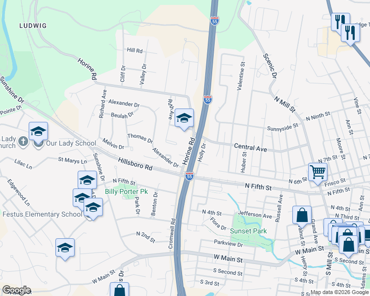 map of restaurants, bars, coffee shops, grocery stores, and more near 1113 Alexander Drive in Festus