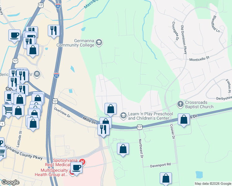 map of restaurants, bars, coffee shops, grocery stores, and more near 4515 Papillion Ct in Fredericksburg