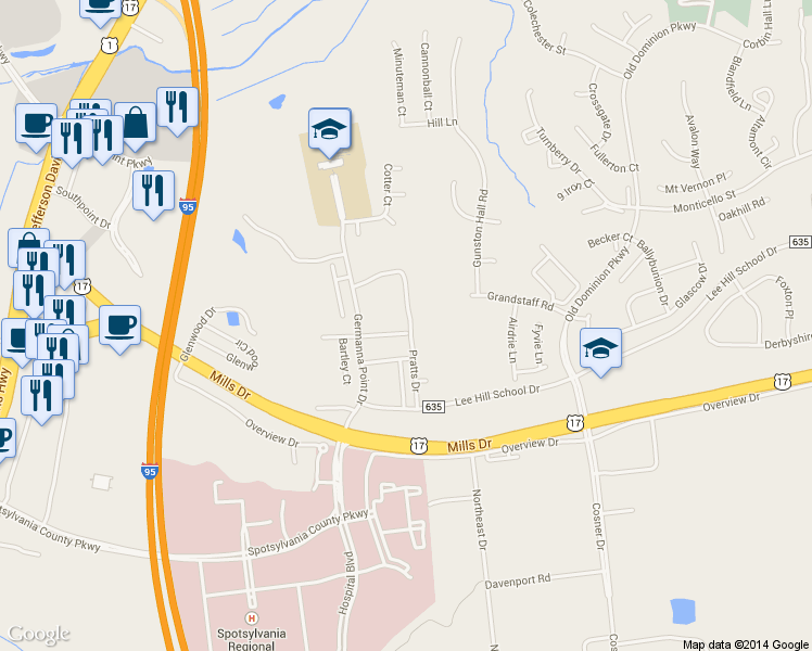 map of restaurants, bars, coffee shops, grocery stores, and more near 4501 Papillion Court in Fredericksburg