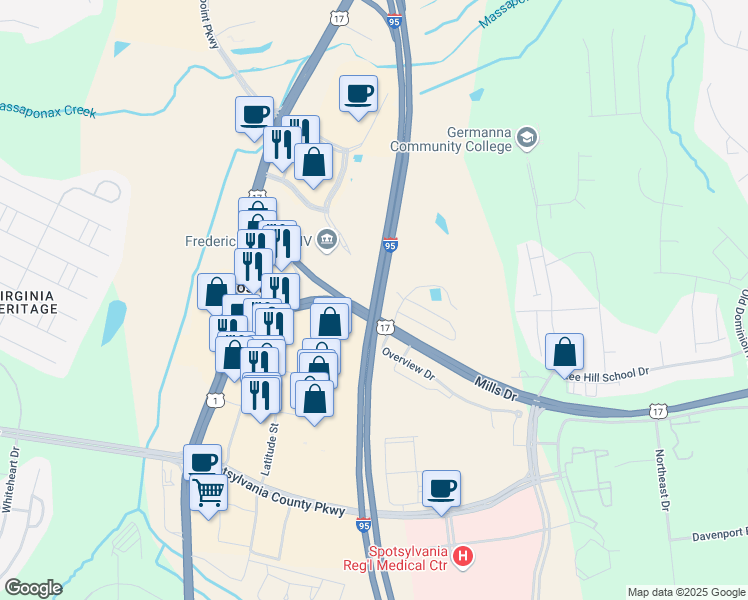 map of restaurants, bars, coffee shops, grocery stores, and more near Interstate 95 in Fredericksburg
