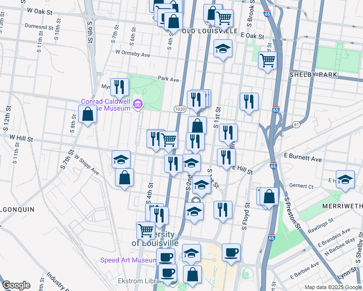 map of restaurants, bars, coffee shops, grocery stores, and more near 217 West Hill Street in Louisville