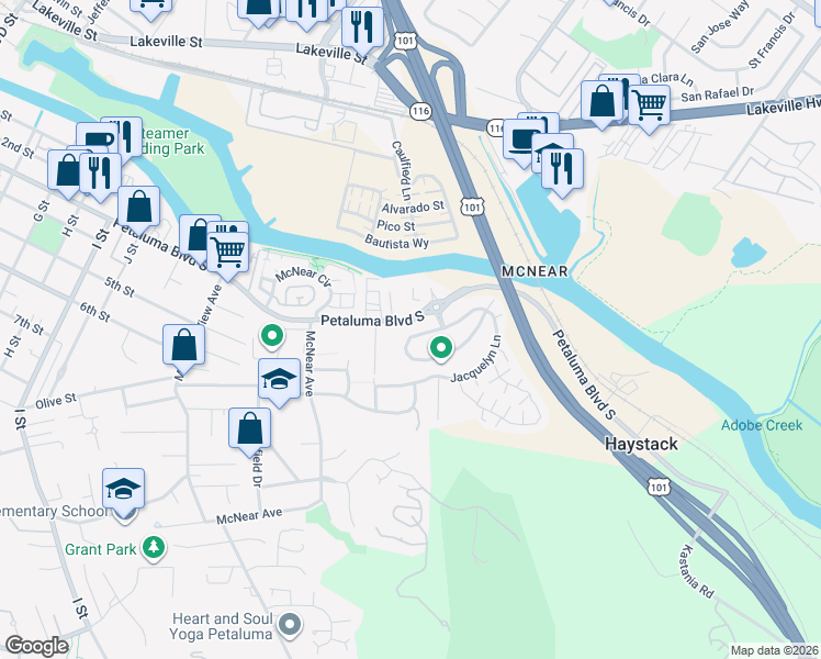 map of restaurants, bars, coffee shops, grocery stores, and more near 537 Jade Street in Petaluma