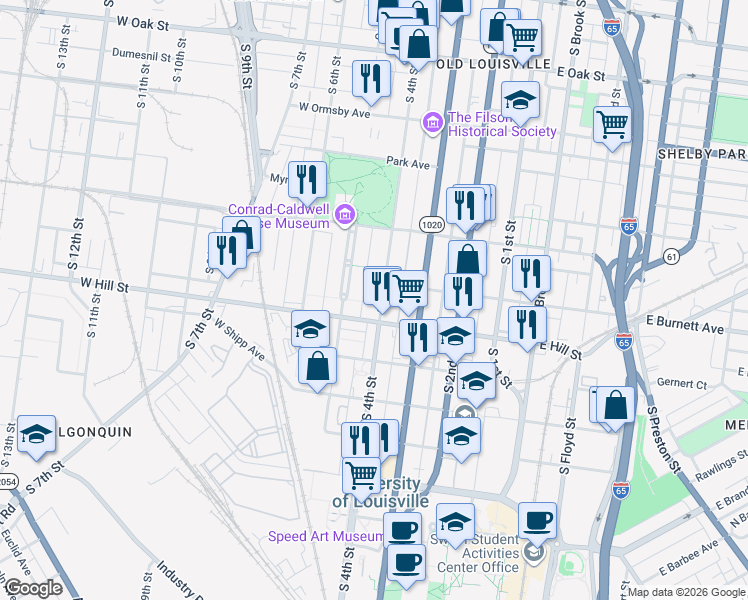 map of restaurants, bars, coffee shops, grocery stores, and more near 414 Fountain Court in Louisville