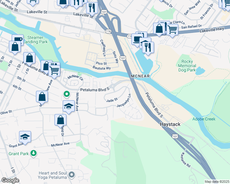map of restaurants, bars, coffee shops, grocery stores, and more near Jacquelyn Lane in Petaluma
