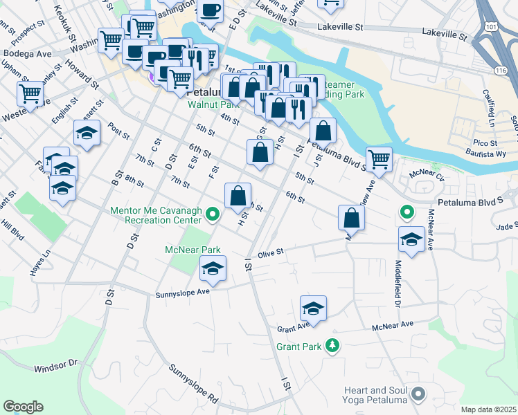 map of restaurants, bars, coffee shops, grocery stores, and more near 519 7th Street in Petaluma