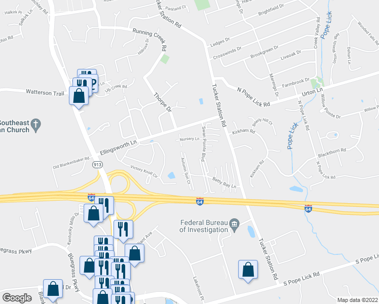 map of restaurants, bars, coffee shops, grocery stores, and more near 1106 Nursery Court in Louisville