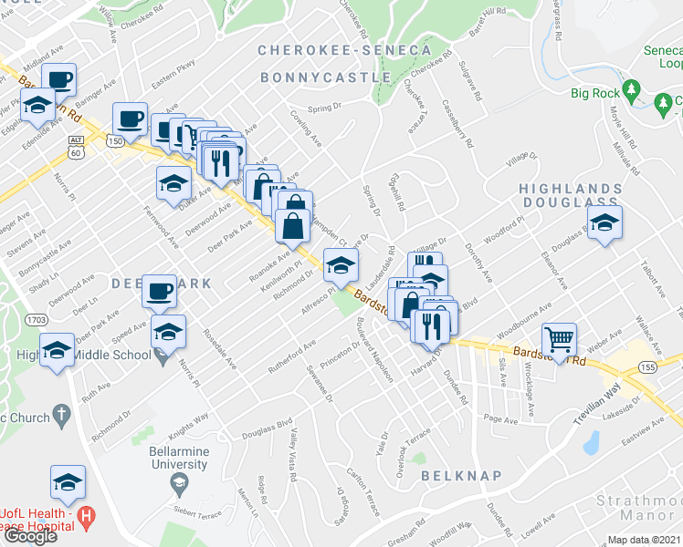 map of restaurants, bars, coffee shops, grocery stores, and more near 2011 Grasmere Drive in Louisville