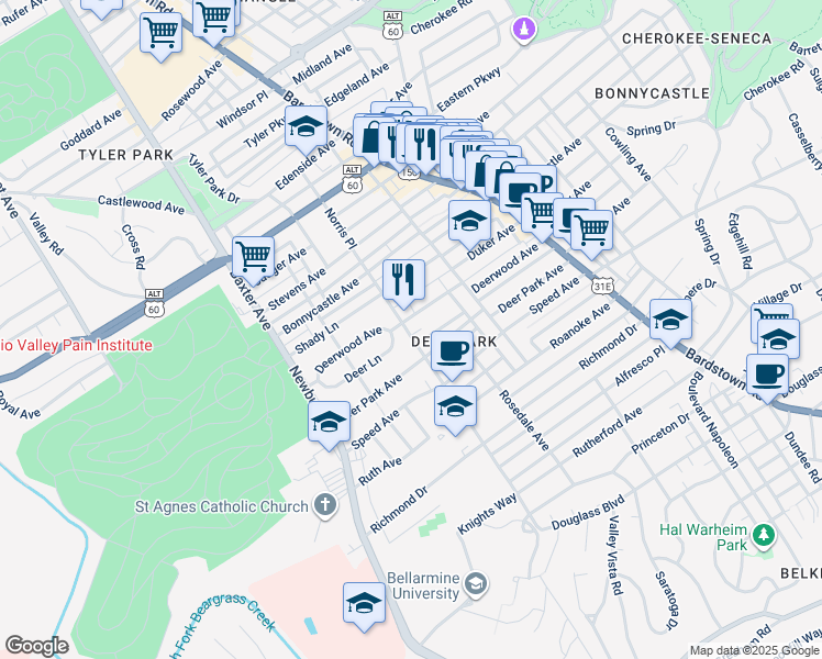 map of restaurants, bars, coffee shops, grocery stores, and more near 1601 Norris Place in Louisville