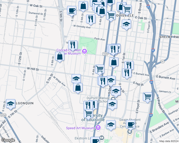 map of restaurants, bars, coffee shops, grocery stores, and more near 414 Fountain Court in Louisville