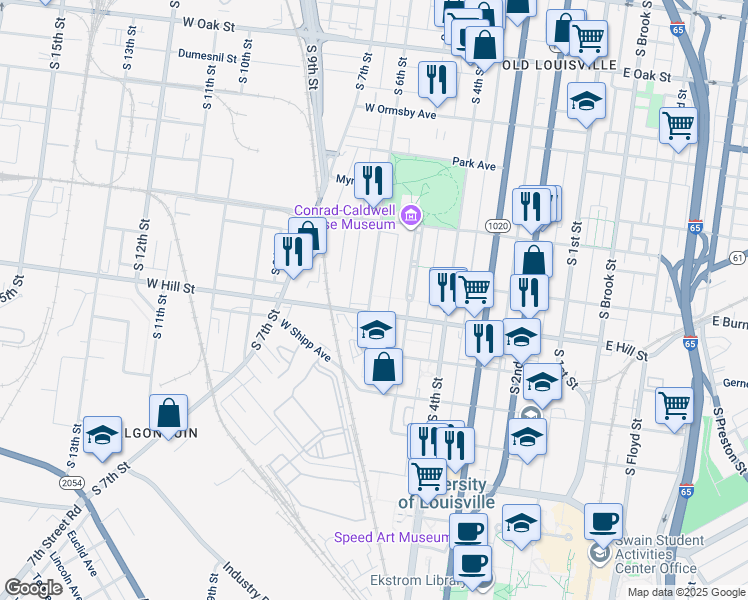 map of restaurants, bars, coffee shops, grocery stores, and more near 1452 South 6th Street in Louisville