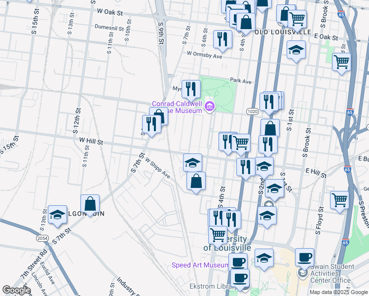 map of restaurants, bars, coffee shops, grocery stores, and more near 1452 South 6th Street in Louisville