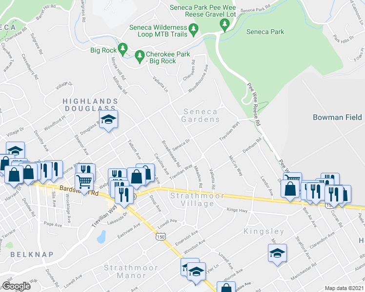 map of restaurants, bars, coffee shops, grocery stores, and more near 2501 Meadow Road in Louisville