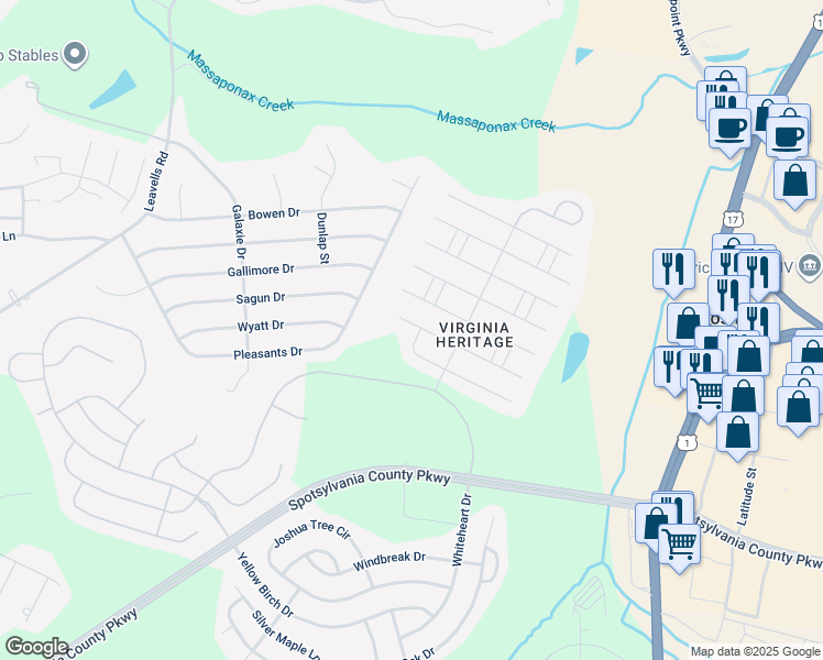 map of restaurants, bars, coffee shops, grocery stores, and more near 5120 Sewells Pointe Drive in Fredericksburg
