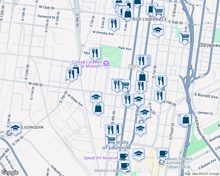 map of restaurants, bars, coffee shops, grocery stores, and more near 419 Belgravia Court in Louisville