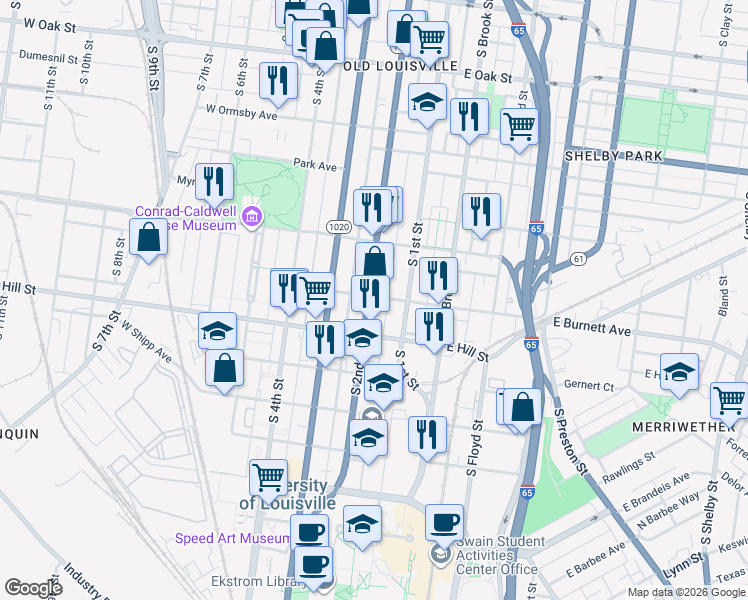 map of restaurants, bars, coffee shops, grocery stores, and more near 1435 South 2nd Street in Louisville