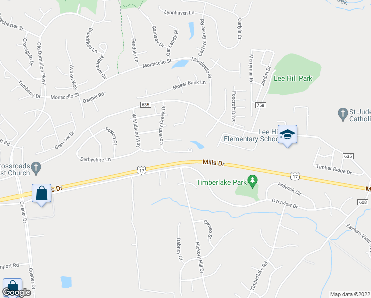 map of restaurants, bars, coffee shops, grocery stores, and more near 9601 Coventry Creek Drive in Fredericksburg