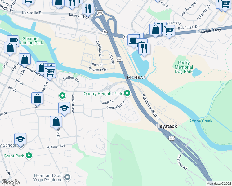 map of restaurants, bars, coffee shops, grocery stores, and more near 421 Jacquelyn Lane in Petaluma