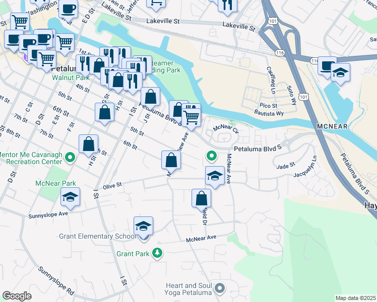 map of restaurants, bars, coffee shops, grocery stores, and more near 15 Grandview Avenue in Petaluma