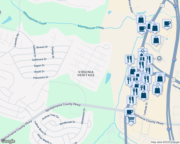 map of restaurants, bars, coffee shops, grocery stores, and more near 5425 East Rich Mountain Way in Fredericksburg