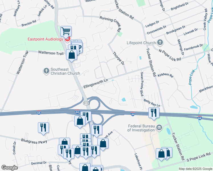 map of restaurants, bars, coffee shops, grocery stores, and more near 11937 Ellingsworth Lane in Louisville