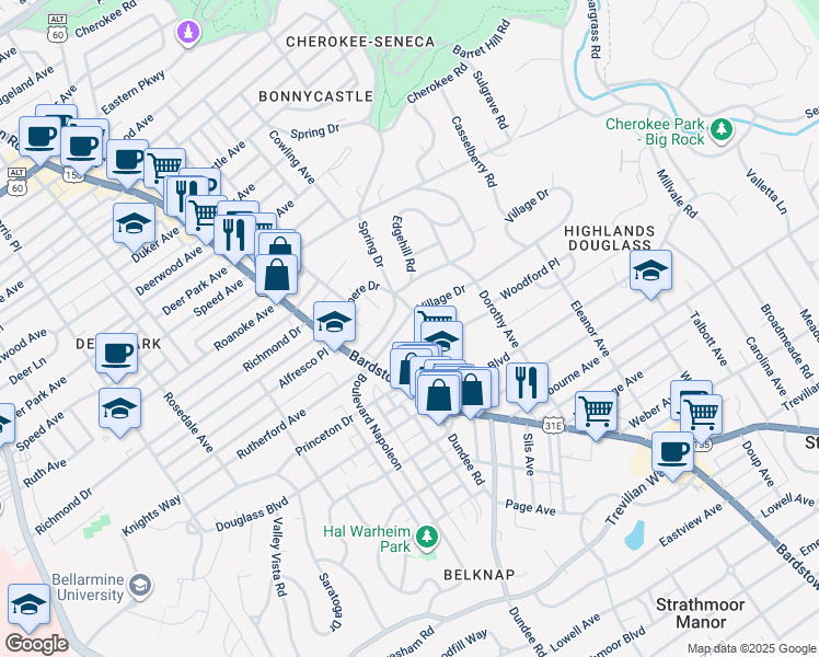 map of restaurants, bars, coffee shops, grocery stores, and more near in Louisville