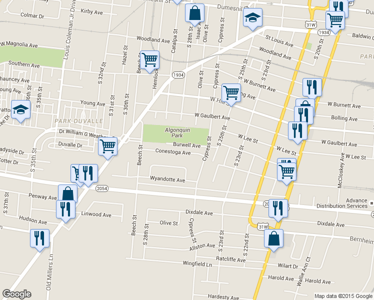 map of restaurants, bars, coffee shops, grocery stores, and more near 2999 Burwell Avenue in Louisville